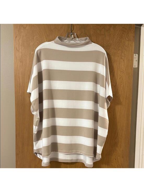 Cable & Gauge Tops - Cable and Gauge Beige White Stripe Mock Neck Short Sleeve Knit Top Women's XXL